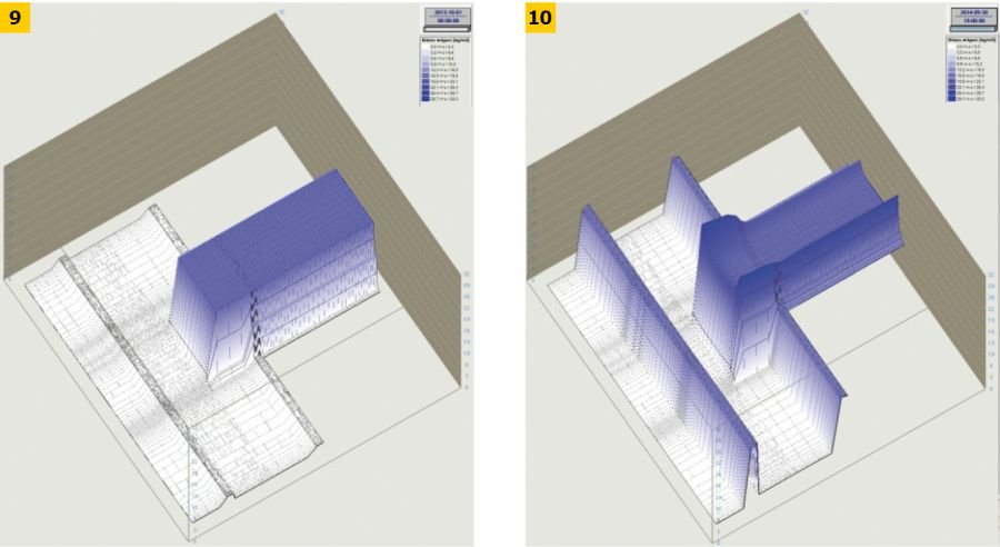 RYS. 9-10. Wyniki symulacji zmian wilgotności masowej w miejscu połączenia drewnianej belki stropu z ocieplonym od strony zewnętrznej murem ceglanym - stan początkowy oraz końcowy, po upływie 3 lat; rys.: [7]